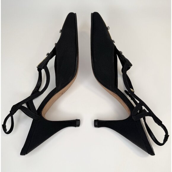 Vintage Manolo Blahnik Size 37 6 Heels Slingback Pointy Black Gold Fabric - Picture 6 of 16